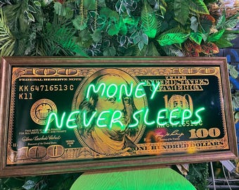 Neonskylt med inramad 100-dollarseddel / UV-tryckt väggdekor / Gamerrumsdekor / Modern väggkonst