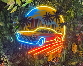 Enseigne néon rétro Miami Car | Art mural palmier tropical | Décoration de garage néon à DEL | Cadeau personnalisé pour amateur de voiture