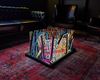 Salontafel met oneindige spiegel: neonlabyrint, gehard glas, handgemaakt futuristisch meubilair