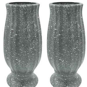 May include: Two gray speckled vases with a fluted design. The vases have a bulbous base and a narrow neck. The vases are displayed on a white background. The vases are likely for decorative purposes.