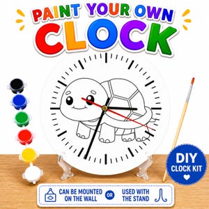 May include: DIY clock kit with a white clock face featuring a turtle design. The words "PAINT YOUR OWN CLOCK" are at the top. Includes paint pots, a paintbrush, and a stand. The clock can be mounted on the wall or used with the stand.