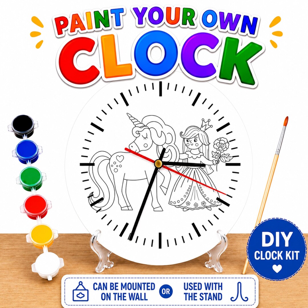 Princess Clock Drawing Paint Your Own Princess Unicorn Clock Kit – DIY Craft Activity, Kids ...