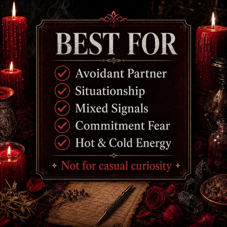 Puede incluir: Un letrero burdeos oscuro con las palabras "BEST FOR" y una lista de problemas de relaci&oacute;n. El letrero est&aacute; rodeado de velas rojas encendidas y otros objetos m&iacute;sticos. Tambi&eacute;n est&aacute; presente el texto "Not for casual curiosity".