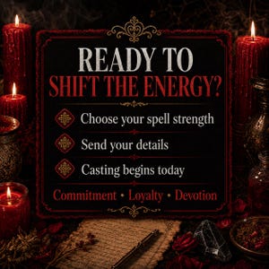 Puede incluir: Un letrero oscuro con el texto "READY TO SHIFT THE ENERGY?" e instrucciones para lanzar hechizos. Velas rojas y objetos m&iacute;sticos rodean el letrero, creando una atm&oacute;sfera m&aacute;gica. Tambi&eacute;n se muestran las palabras "Commitment, Loyalty, Devotion".