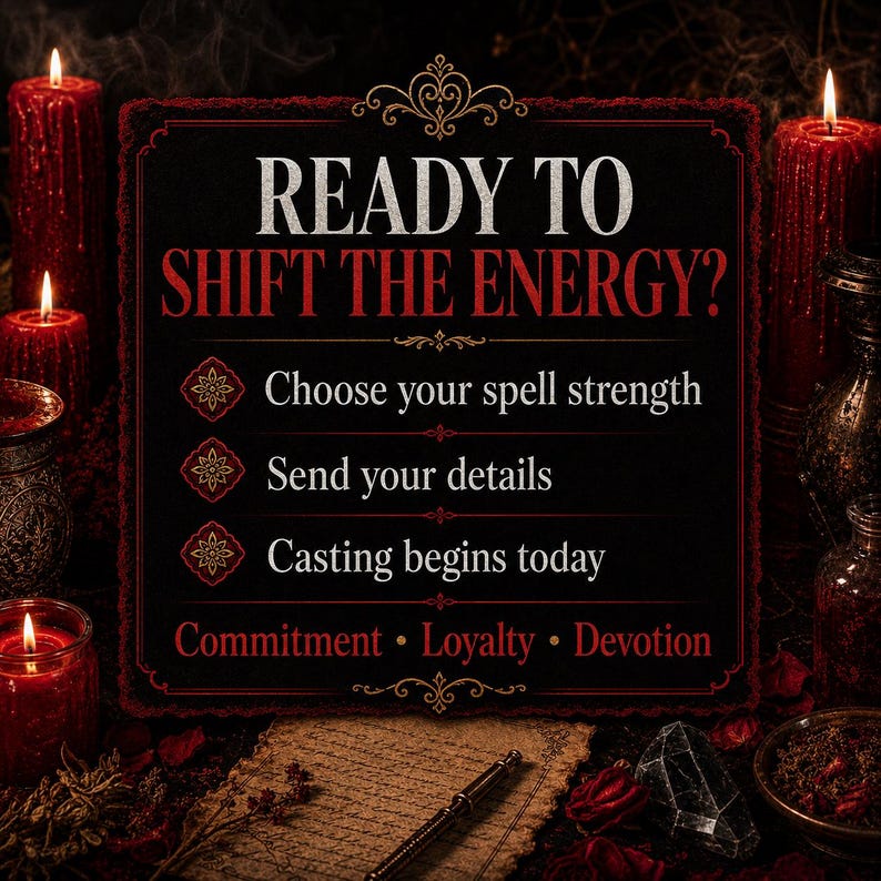 Puede incluir: Un letrero oscuro con el texto "READY TO SHIFT THE ENERGY?" e instrucciones para lanzar hechizos. Velas rojas y objetos m&iacute;sticos rodean el letrero, creando una atm&oacute;sfera m&aacute;gica. Tambi&eacute;n se muestran las palabras "Commitment, Loyalty, Devotion".
