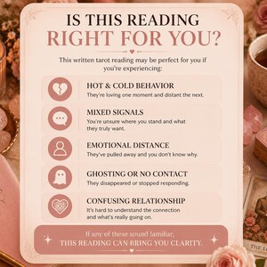 May include: A rectangular informational card with a light pink background featuring the text IS THIS READING RIGHT FOR YOU? followed by a list of relationship challenges including hot and cold behavior, mixed signals, emotional distance, ghosting, and confusion.