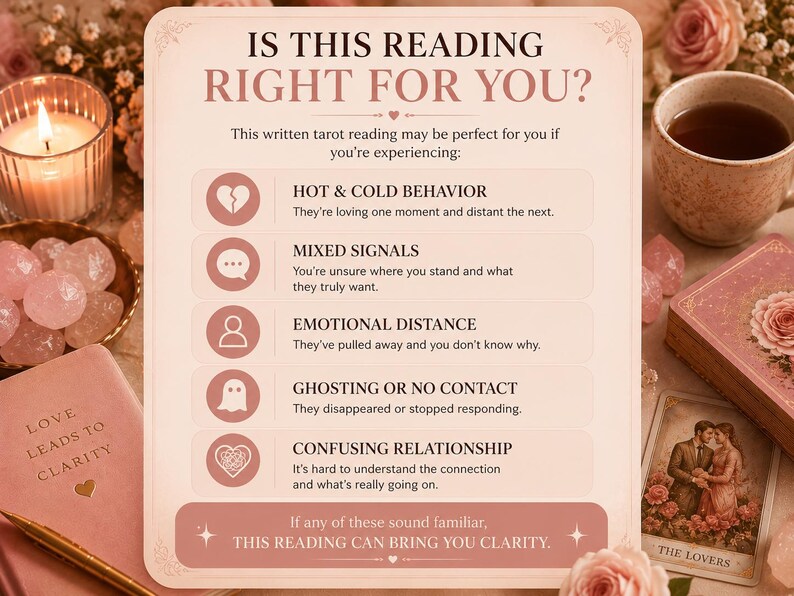 May include: A rectangular informational card with a light pink background featuring the text IS THIS READING RIGHT FOR YOU? followed by a list of relationship challenges including hot and cold behavior, mixed signals, emotional distance, ghosting, and confusion.