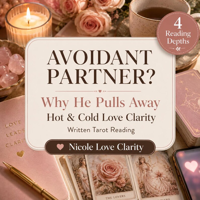 May include: A rectangular card with the text AVOIDANT PARTNER? Why He Pulls Away Hot & Cold Love Clarity Written Tarot Reading Nicole Love Clarity. The card features a circular badge stating 4 Reading Depths and is surrounded by tarot cards.