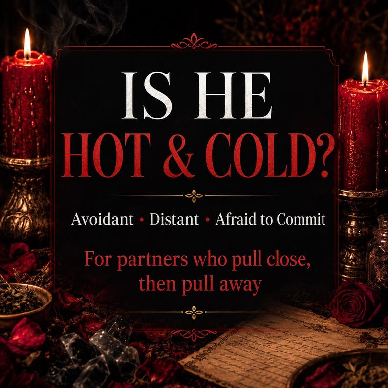 Puede incluir: Imagen oscura con el texto "IS HE HOT & COLD?" en blanco y rojo. El texto est&aacute; rodeado de velas, rosas y elementos m&iacute;sticos. El texto tambi&eacute;n incluye las frases "Avoidant, Distant, Afraid to Commit".