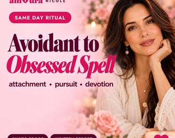 May include: A promotional graphic featuring the text amoura NICOLE, SAME DAY RITUAL, and Avoidant to Obsessed Spell with the subtext attachment, pursuit, devotion. Below are buttons labeled PHOTO PROOF and WRITTEN REPORT with a heart keyhole icon.