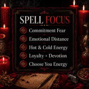 Puede incluir: Imagen de tem&aacute;tica g&oacute;tica oscura con velas rojas, un letrero decorativo con las palabras "SPELL FOCUS" y una lista de intenciones de hechizos. La imagen incluye un pergamino, un bol&iacute;grafo y otros elementos m&iacute;sticos.
