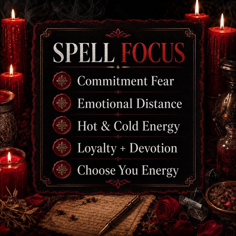 Puede incluir: Imagen de tem&aacute;tica g&oacute;tica oscura con velas rojas, un letrero decorativo con las palabras "SPELL FOCUS" y una lista de intenciones de hechizos. La imagen incluye un pergamino, un bol&iacute;grafo y otros elementos m&iacute;sticos.