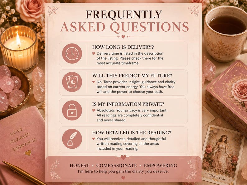 May include: A light pink informational sign titled FREQUENTLY ASKED QUESTIONS with four sections featuring icons of a clock, tarot cards, a lock, and a quill. The text addresses delivery, future predictions, privacy, and reading detail, ending with HONEST, COMPASSIONATE, EMPOWERING.