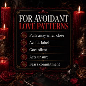 Puede incluir: Imagen oscura con un letrero negro que dice "FOR AVOIDANT LOVE PATTERNS". El letrero enumera comportamientos como "Pulls away when close". Velas rojas y otros objetos m&iacute;sticos rodean el letrero, creando una atm&oacute;sfera misteriosa.