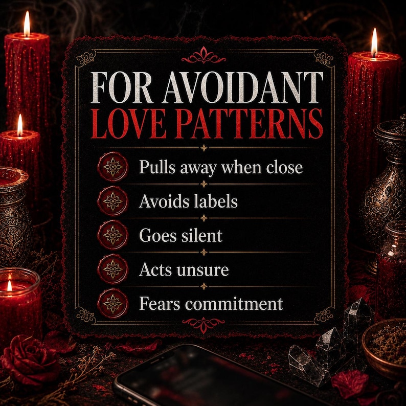 Puede incluir: Imagen oscura con un letrero negro que dice "FOR AVOIDANT LOVE PATTERNS". El letrero enumera comportamientos como "Pulls away when close". Velas rojas y otros objetos m&iacute;sticos rodean el letrero, creando una atm&oacute;sfera misteriosa.