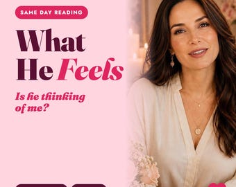 May include: A promotional graphic with a light pink background featuring the text amoura NICOLE, SAME DAY READING, What He Feels, Is he thinking of me?, WRITTEN TAROT, and 4 DEPTHS. A person with long dark hair wears a cream shirt and gold jewelry.