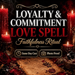 Könnte beinhalten: Ein dunkles Bild mit roten Kerzen, Rosen und dem Text "LOYALTY & COMMITMENT LOVE SPELL Faithfulness Ritual". Der Text "Same Day Cast" und "Photo Proof" ist ebenfalls enthalten.