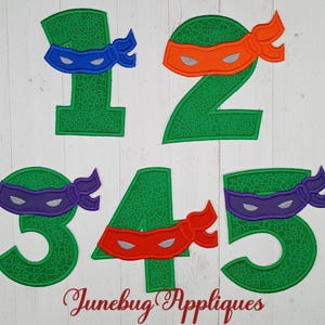 May include: Green felt numbers 1, 2, 3, 4, and 5 with Teenage Mutant Ninja Turtles masks. The masks are purple, orange, and red.