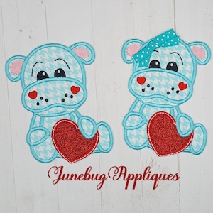 Embroidered Hippo Applique: Teal Houndstooth, Glitter Heart Iron-On Patch