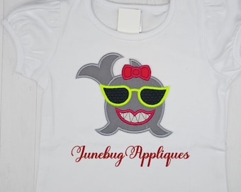 Embroidered Girl Shark Applique: Iron-On Patch with Sunglasses