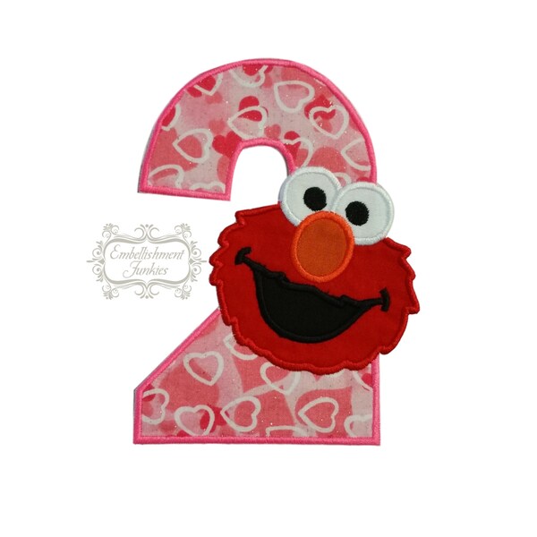 Pink number 2, second birthday, hearts, elmo, red monster, puppet party, fabric applique, iron on patch, personalize, embellishmentjunkies