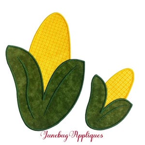 May include: Two embroidered corn on the cob appliques. The larger applique is yellow with green leaves. The smaller applique is yellow with green leaves.