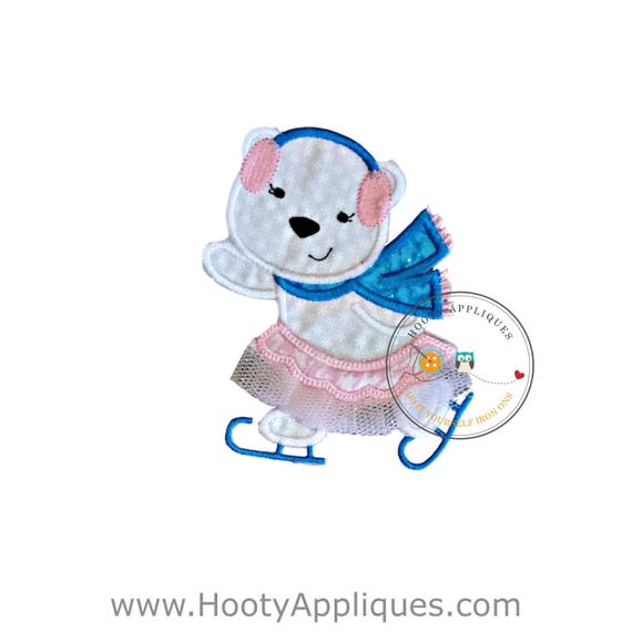 Ballerina ice skater white polar bear machine embroidered fabric iron on no sew patch, holiday patch for kids clothing Il_570xn