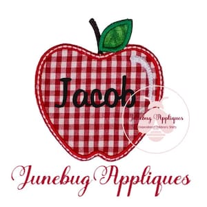May include: Red and white gingham apple with the name Jacob embroidered on it. The apple is a felt applique.