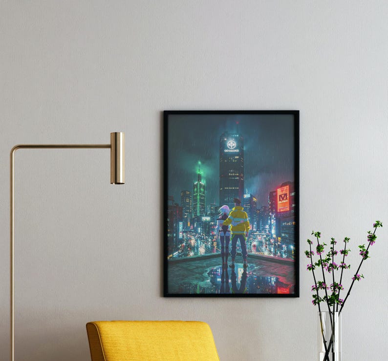 May include: A framed art print depicts a futuristic cityscape at night, with neon lights and a couple standing on a rooftop. The artwork features a dark, moody atmosphere with vibrant colors and a sense of urban exploration.