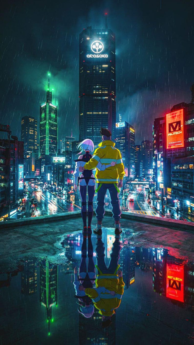 May include: Digital art of a couple standing on a rooftop overlooking a futuristic city at night. The city is lit with neon signs and the reflection of the city is visible in the puddles on the ground. The couple is embracing, with the man wearing a yellow jacket.