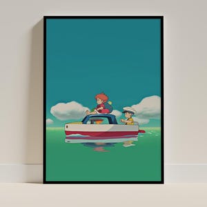 Puede incluir: Una impresi&oacute;n art&iacute;stica enmarcada que presenta una escena animada de dos personajes en un peque&ntilde;o bote. El bote es rojo y blanco, flotando sobre agua verde bajo un cielo azul con nubes blancas y esponjosas. Un personaje est&aacute; sentado en el techo del bote, el otro lo dirige.