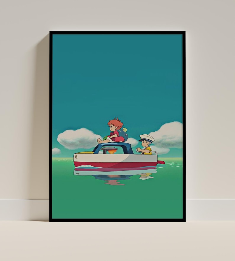Puede incluir: Una impresi&oacute;n art&iacute;stica enmarcada que presenta una escena animada de dos personajes en un peque&ntilde;o bote. El bote es rojo y blanco, flotando sobre agua verde bajo un cielo azul con nubes blancas y esponjosas. Un personaje est&aacute; sentado en el techo del bote, el otro lo dirige.