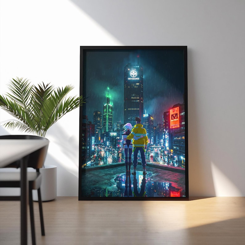 May include: Framed art print featuring a couple overlooking a futuristic cityscape at night. The artwork showcases neon lights, rain, and towering skyscrapers. The couple is wearing a yellow jacket and a purple and black outfit. The print is in a black frame.