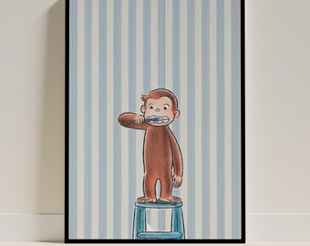 Póster de Jorge el Curioso, arte mural de mono de dibujos animados vintage, decoración para habitación infantil, lámina divertida para baño, obra de arte de personaje nostálgico