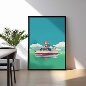 Puede incluir: Impresi&oacute;n art&iacute;stica enmarcada que presenta una ilustraci&oacute;n animada de dos ni&ntilde;os en un barco. El barco es blanco con detalles rojos, flotando sobre agua verde bajo un cielo azul con nubes esponjosas. Un ni&ntilde;o tiene el pelo rojo, el otro lleva un gorro de marinero.