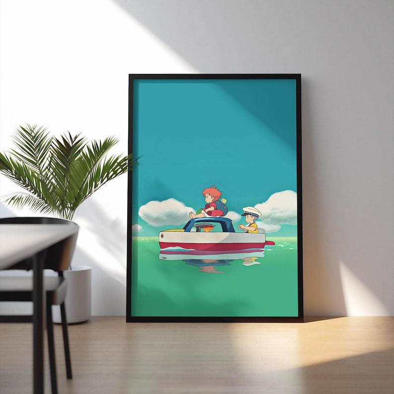 Puede incluir: Impresi&oacute;n art&iacute;stica enmarcada que presenta una ilustraci&oacute;n animada de dos ni&ntilde;os en un barco. El barco es blanco con detalles rojos, flotando sobre agua verde bajo un cielo azul con nubes esponjosas. Un ni&ntilde;o tiene el pelo rojo, el otro lleva un gorro de marinero.