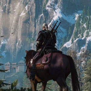 May include: A figure with white hair tied back, wearing dark armor and carrying two swords on their back, sits atop a brown horse. The horse is equipped with a leather saddle and gear, facing toward a large, snow-capped mountain range and a stone fortress.