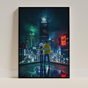 May include: A framed art print depicting a futuristic cityscape at night. Two figures stand on a rooftop, overlooking the neon-lit buildings. The print features the text "Arasaka" on a skyscraper and a rainy atmosphere.