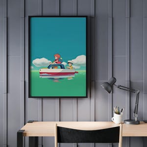 Puede incluir: Impresi&oacute;n art&iacute;stica enmarcada que presenta una ilustraci&oacute;n de estilo anime de dos personas en un barco. El barco es rojo y blanco, con una parte superior azul. El fondo muestra un cielo azul, nubes blancas y agua verde.
