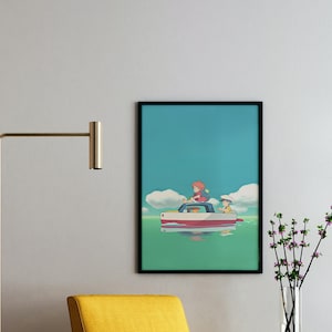 Puede incluir: Impresi&oacute;n art&iacute;stica enmarcada que representa una escena animada de dos figuras en un peque&ntilde;o bote sobre el agua. El bote es rojo y blanco, sobre un cielo turquesa con nubes blancas y esponjosas. La obra de arte tiene un estilo de dibujos animados y est&aacute; enmarcada en negro.