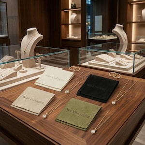 Puede incluir: Una exhibición de joyas con collares, anillos y aretes. Los collares tienen un solo colgante redondo. La exhibición incluye vitrinas, bustos de exhibición y pequeñas bolsas de Wink Packaging. La paleta de colores es neutra con tonos de madera y acentos dorados.
