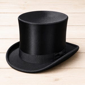 Könnte beinhalten: Ein schwarzer Zylinderhut mit Satin-Finish. Der Hut hat eine breite Krempe und ein schwarzes Band mit Schleife. Ein klassisches formelles Accessoire.