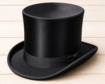 Cappello a cilindro nero in seta fatto a mano per uomo e donna, elegante cappello formale.