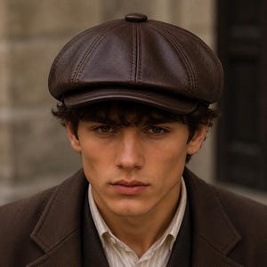 May include: A dark brown newsboy cap featuring a multi-paneled construction with visible stitching, a central top button, and a short, curved brim. The cap is crafted from a textured material and sits securely on the head with a structured crown.