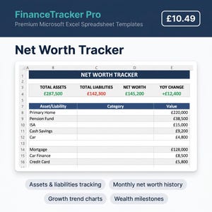 Pode incluir: Um modelo de folha de cálculo digital intitulado "Net Worth Tracker" com dados financeiros. O modelo inclui seções para ativos totais, passivos e patrimônio líquido, com uma variação ano a ano. Oferece rastreamento de ativos e passivos.