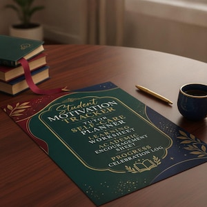 以下が含まれることがあります： Student Motivation Trackerというタイトルのダークグリーンとネイビーブルーの紙のドキュメント。金色の文字と装飾的な葉のアクセントが特徴です。リストには、Tutor、Self-Care Planner、Learning Worksheet、Academic Encouragement Sheet、Progress Celebration Logが含まれています。