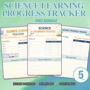 Può includere: Un pacchetto digitale di tracker per l'apprendimento delle scienze in formato PNG con tre diversi layout di pagina. Ogni pagina include intestazioni come Science Learning Tracker, Science Planner Tracker e Science Progress Tracker con sezioni per argomenti di studio.