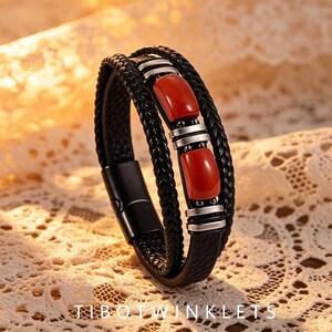 Handmade Red Jasper Braided Leather Bracelet, Men's Multi-Layer Wristband, Magnetic Clasp