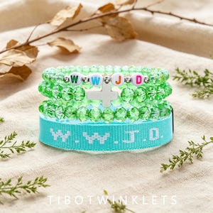 wwjd layered bracelet set, cross charm green crystal & woven faith bracelet