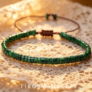 Malachite Beaded Bracelet, Adjustable Braided Bangle, Boho Crystal Wristband